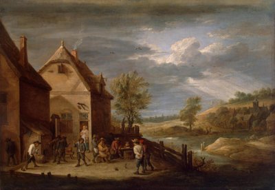 Landschap met boeren die kegelen door David Teniers the Younger